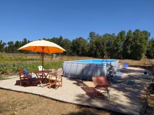 圣塔·马里亚·迪·帕尔玛Bed & Breakfast Pintadera的一个带椅子和遮阳伞的庭院和一个游泳池