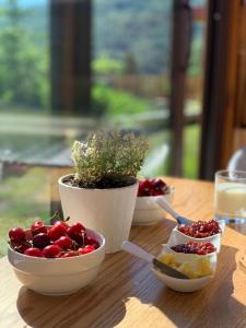 LibrazhetAlbanian traditional Villa的木桌上放着两碗水果和植物