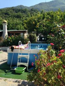 伊斯基亚B&B Lodge dell'Ospite Ischia的躺在游泳池椅子上的人