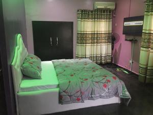 拉各斯Juicebox B&B的一间卧室配有一张带绿色棉被的床