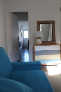 马赛Charmant Cabanon aux Goudes à Marseille avec vue mer的客厅配有蓝色的沙发和镜子