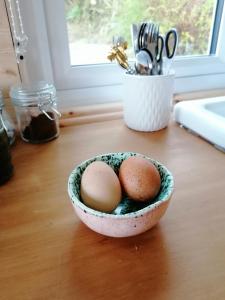 兰代洛Dryw bach glamping hut的两个鸡蛋坐在柜台上的碗里