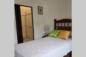 圣斐利-银港Great location, right downtown Puerto plata .的一间卧室配有一张带绿色和黄色枕头的床