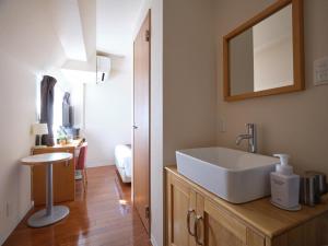东京Pod Select Hotel Shinjuku的一间带水槽和镜子的浴室