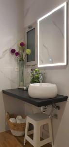 阿利坎特Sandra Rooms的浴室设有水槽、镜子和鲜花