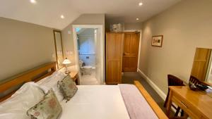 阿尼克泰特豪斯酒店的一间带一张床和一张书桌的卧室以及一间浴室。