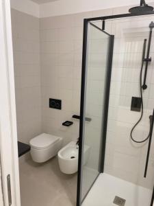 切尔沃港Petit Porto Cervo的一间带卫生间和玻璃淋浴间的浴室