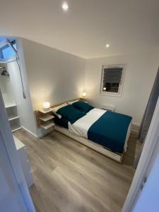 安锡Annecy coeur de ville et du lac的一间卧室配有一张带蓝色床单的床和一扇窗户。