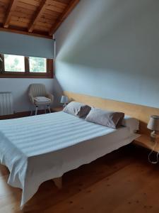 奥尼亚特CASA RURAL AINGERU NATURALEZA Y MONTAÑA的卧室配有一张白色大床和一把椅子