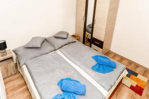 哈卡尼Lili Apartman的一张床上有蓝色枕头的睡床