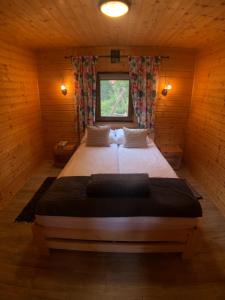 鲁恰内尼达Pod lipą的木制客房内的一张大床,设有窗户