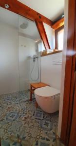 StudzieniceDom nad jeziorem的带淋浴、卫生间和浴缸的浴室
