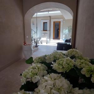 拉奎拉Ginevra Boutique Rooms - Palazzo Leosini - Residenze D'Epoca的坐在房间里地板上的一束白色花