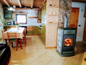 利维尼奥Casa Rainolter的厨房以及带燃木炉的用餐室。