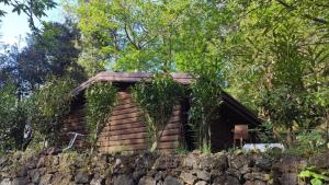 佩达拉Etna Rural Cottage with Jacuzzi的石墙顶上的小木屋