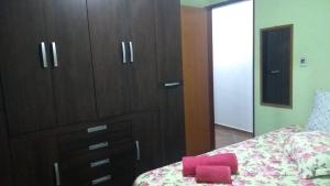 阿尤鲁奥卡Hospedagem Colinas的一间卧室配有梳妆台和一张带粉红色毛巾的床。
