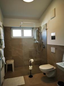 博登斯边的伊门施塔特Uferloft的带淋浴、卫生间和盥洗盆的浴室