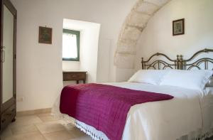 马丁纳弗兰卡Trulli sul vignale in Masseria Santalachicca的一间卧室配有一张大床和紫色毯子