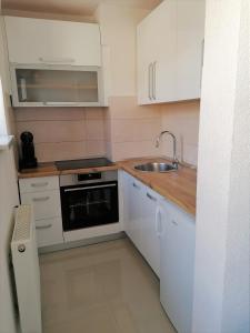 特拉夫尼克Kod Lipe - Travnik的小厨房配有白色橱柜和水槽