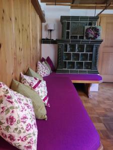 WarngauReithamer Bergfensterl的客房配有一张带枕头的紫色床。