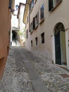 布雷西亚Bresciantica的大楼里一条带绿门的空洞小巷