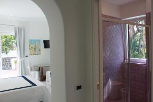 伊斯基亚马里内拉别墅的一间卧室设有一张床和一个玻璃淋浴间