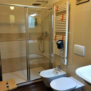 萨沃纳Le Torri in Darsena的带淋浴、卫生间和盥洗盆的浴室
