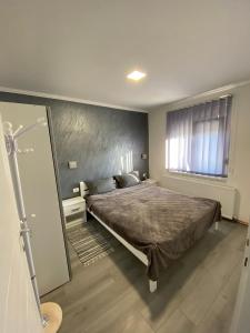 帕利克Apartmani Mira的一间卧室设有一张大床和一个窗户。