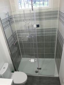布尔拉茨Gîte de Marie的浴室设有玻璃淋浴间和卫生间