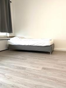 杜塞尔多夫Gerresheimer Republic的一间卧室配有一张床,铺有木地板