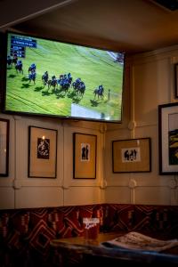 亨格福德奎斯阿姆斯宾馆的墙上的电视,上面有赛马