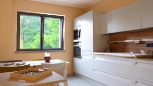 特伦托In Collina B&B的厨房配有白色橱柜和窗户。