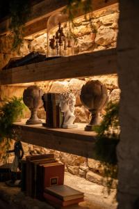 阿尼克Crux的石墙上带花瓶和书籍的架子