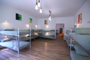 布拉索夫Viva la Vida Hostel的铺有木地板的客房内设有几张双层床。