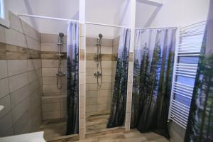 布拉索夫Viva la Vida Hostel的带淋浴和黑色淋浴窗帘的浴室
