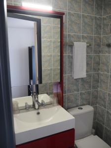 菲雅克HOTEL LE FOIRAIL的一间带水槽、卫生间和镜子的浴室