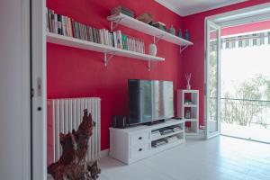 莱里奇Cà del Mago的一间带电视和红色墙壁的客厅