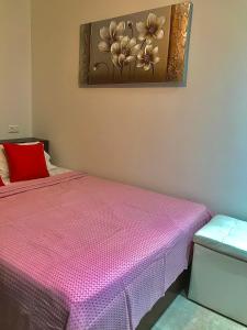 普里诺斯Nikos Apartament的卧室配有粉红色的床和墙上的绘画作品