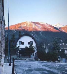 奥温多利tipica baita con vista sul monte magnola的一座白楼,背景是一座山