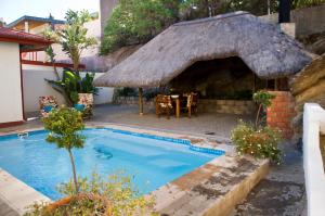 温特和克Hotel Pension Casa Africana的一座房子,设有茅草屋顶游泳池