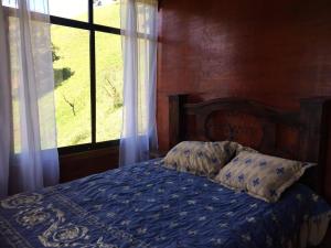 迦太基Navarro mountain的一间卧室配有一张带蓝色棉被的床和窗户。