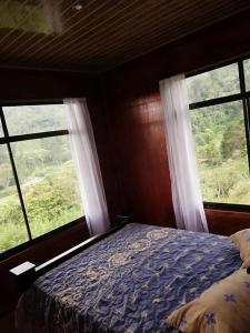 迦太基Navarro mountain的一间卧室设有2个窗户和一张蓝色床单。