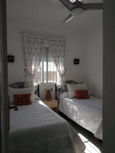 诺沃桑克蒂佩特里Apartamento vacacional máximo 4 personas的一间卧室设有两张床和窗户。