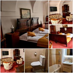 罗日尼亚瓦Hotel Čierny Orol的一张带床和卫生间的卧室的照片拼在一起