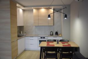 托伦Apartament Pod Papugami的一间厨房,内设一张木桌和椅子