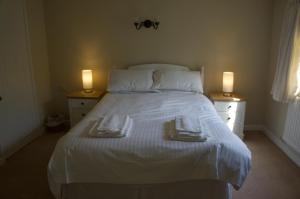 曼海德Minehead mews cottage的卧室配有一张带两个灯的大白色床