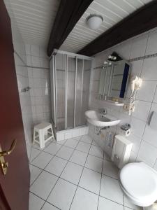 萨尔茨韦德尔Hotel & Restaurant Aragwi的白色的浴室设有水槽和卫生间。