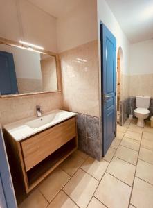 圣马迪拉莫Résidence La Palma的一间带水槽和卫生间的浴室以及一扇蓝色的门。