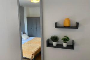 杜伊斯堡Gemütliche Wohnung zwischen Grün und Duisburg Hbf的镜子反射着卧室,卧室里设有床和两棵植物