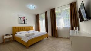 圣金Mille Amici Hotel的一间卧室设有一张床和两个窗户。